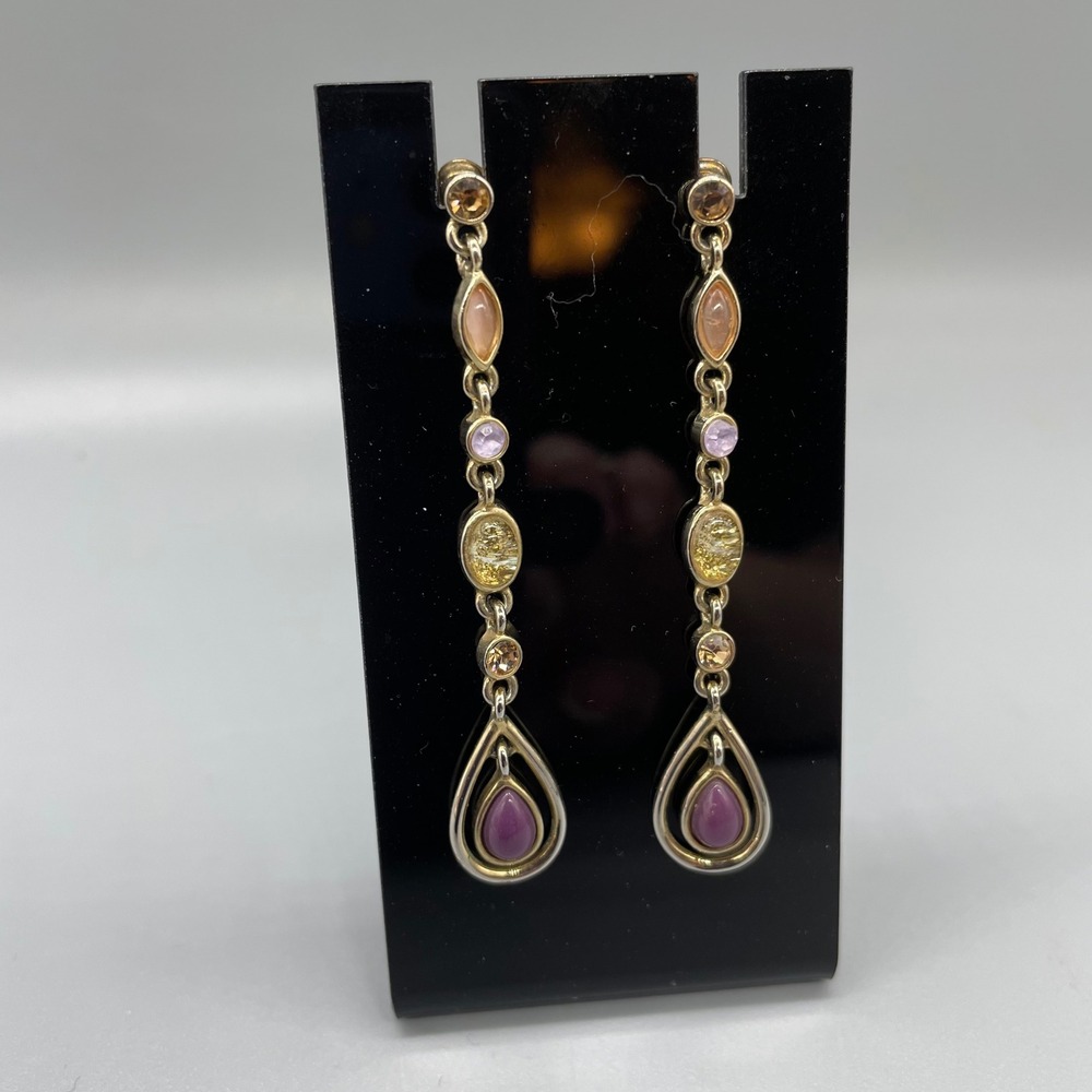 Gold Tone Multi Color Stone Linear Drop Teardrop Dangle Earrings Purple Amber
